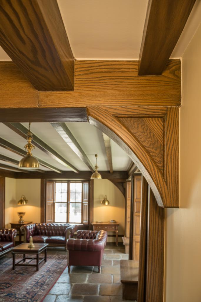 Exposed ceiling joists wrapped in oak veneer timber cladding to create solid decorative beam appearance in a traditional living room