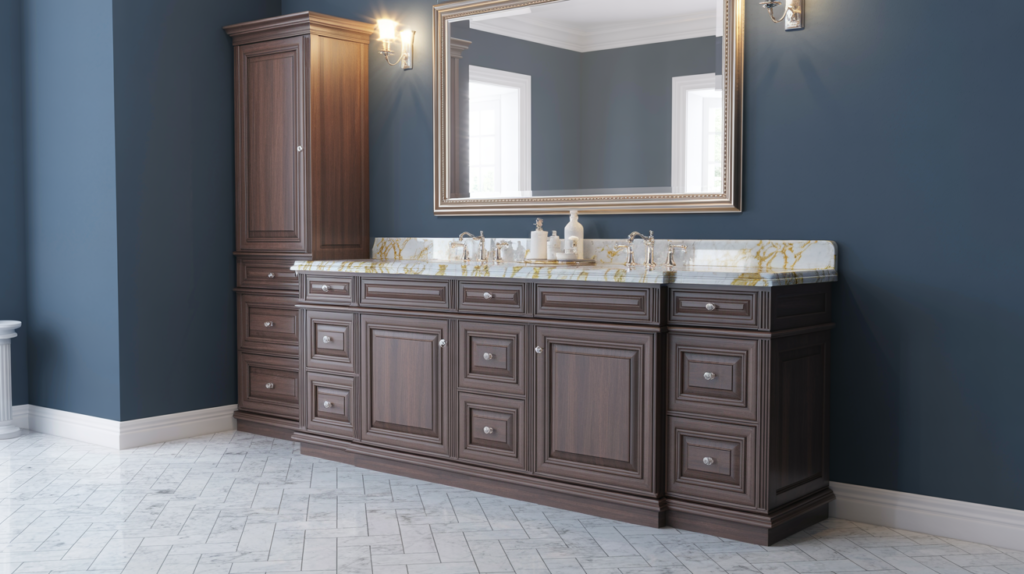 Traditional bathroom with dark wood vanity, linen tower, and polished brass hardware