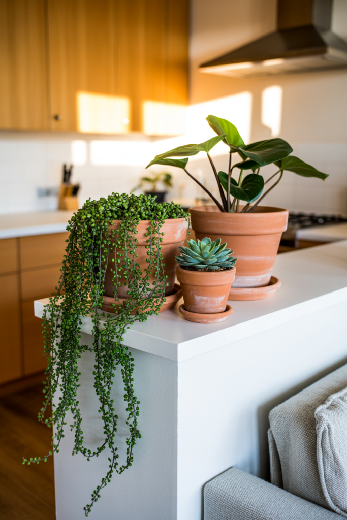 Trailing pothos and philodendron plants in terracotta pots grouped on top of a white kitchen living room half wall