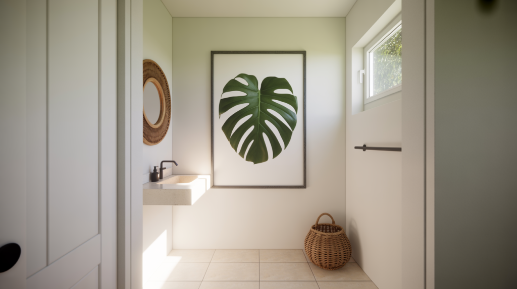 Large monstera tropical leaf botanical print in black frame on white bathroom wall with rattan mirror and woven basket