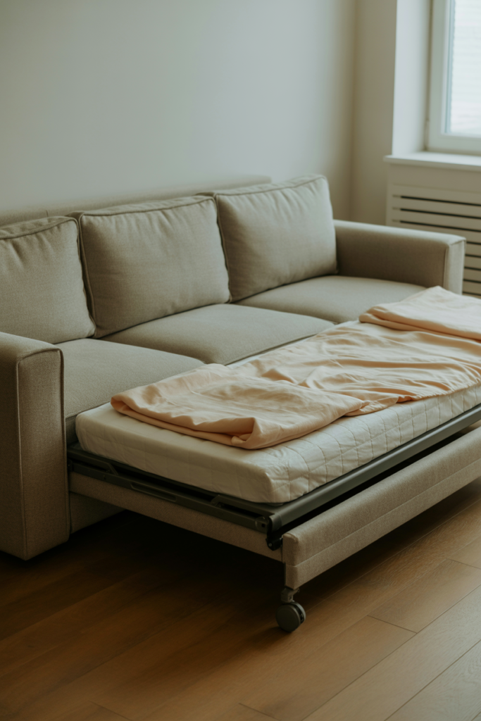 Light gray sofa with pull-out trundle bed extended showing made-up sleeping surface for two guests in a Scandinavian-style living room