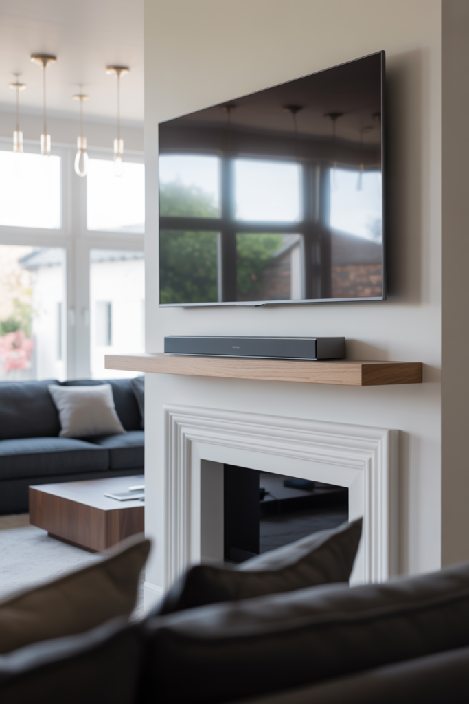 Wall-mounted TV above chimney breast with hidden cables and floating oak shelf below in a clean modern living room