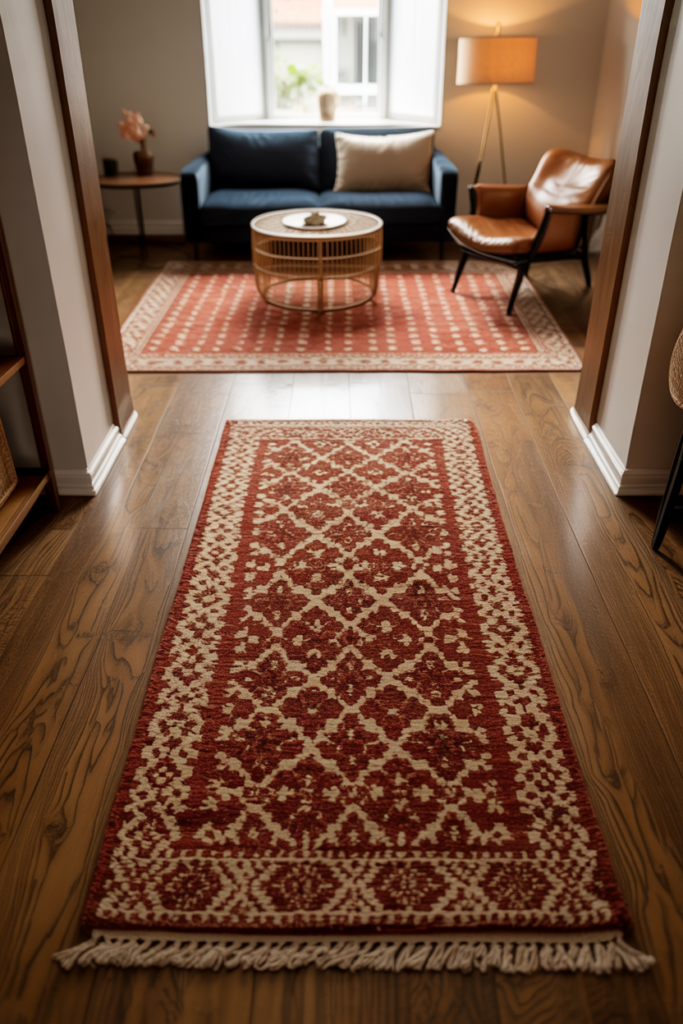 Two matching Moroccan-pattern rugs placed end to end defining two zones in a long narrow living room with navy sofa and leather armchair