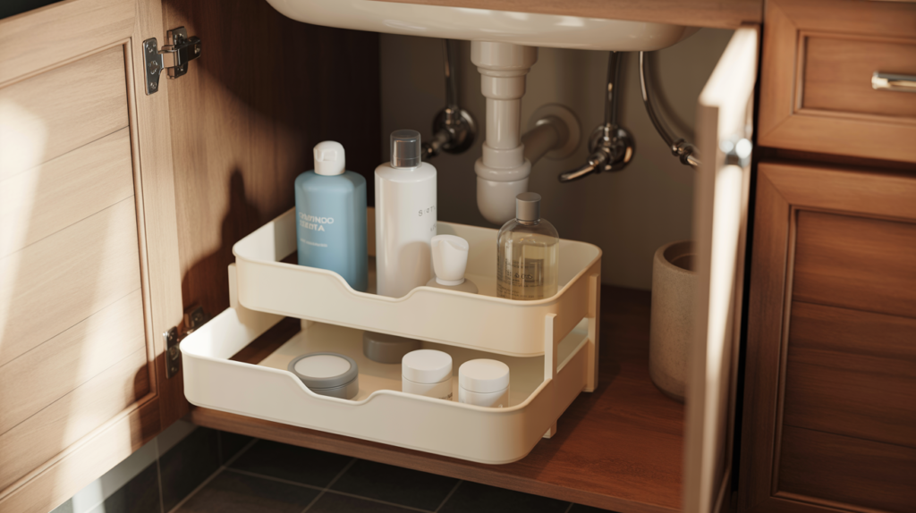 Two tier sliding organizer under bathroom sink for small apartment storage