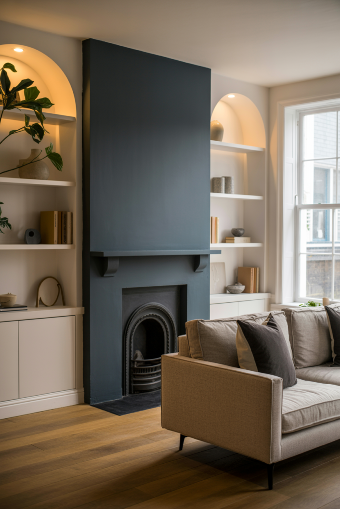 Two-tone chimney breast treatment with deep charcoal breast and warm white painted alcoves with built-in shelving in modern living room