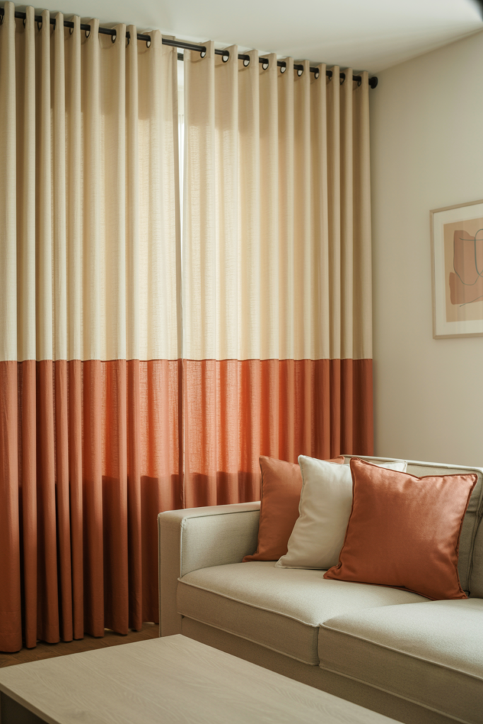 Two-tone color block curtains in cream and terracotta in a modern living room