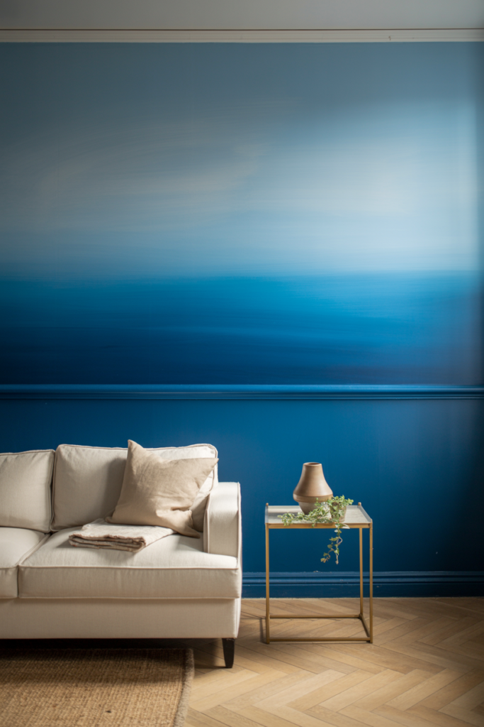 Two-tone living room wall with deep navy Slow Swing on the lower half and soft sky blue Mellow Flow on the upper half