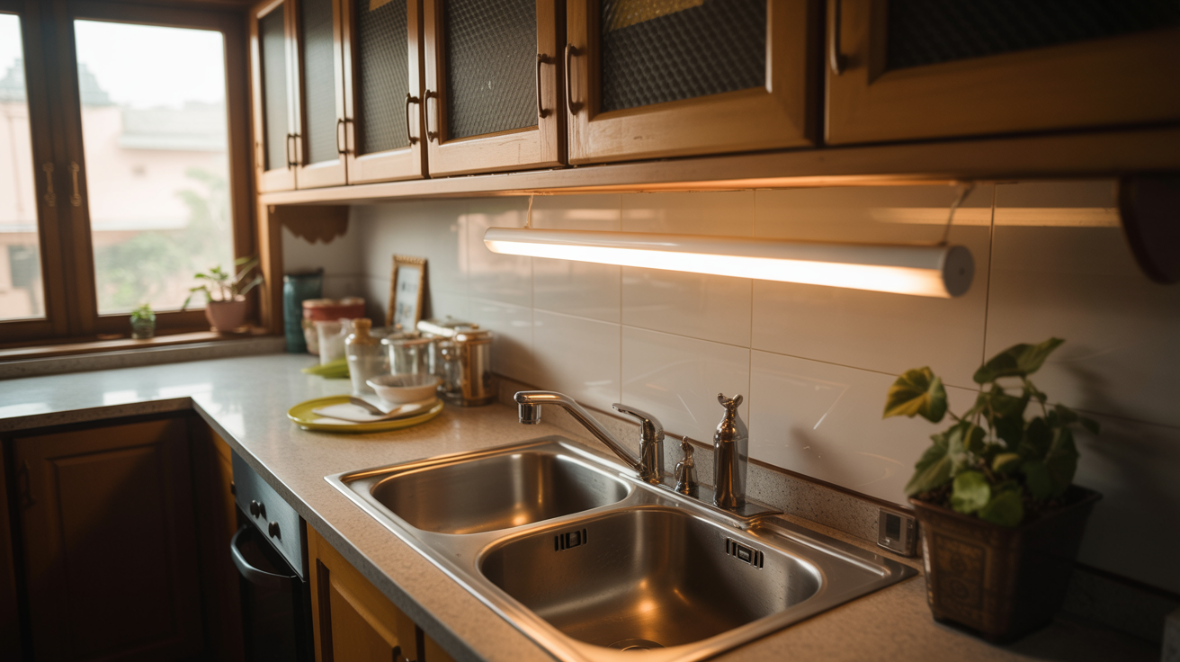 Under cabinet LED lighting installed above a kitchen sink area with warm white glow