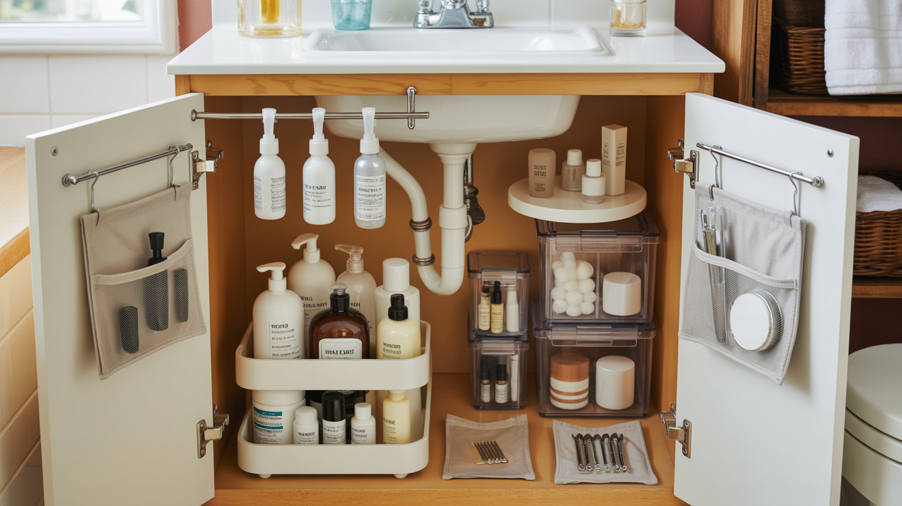 Fully organized under sink bathroom cabinet in small apartment showing tension rod, sliding organizer, stackable bins, lazy Susan, adhesive hooks, and mesh pouches