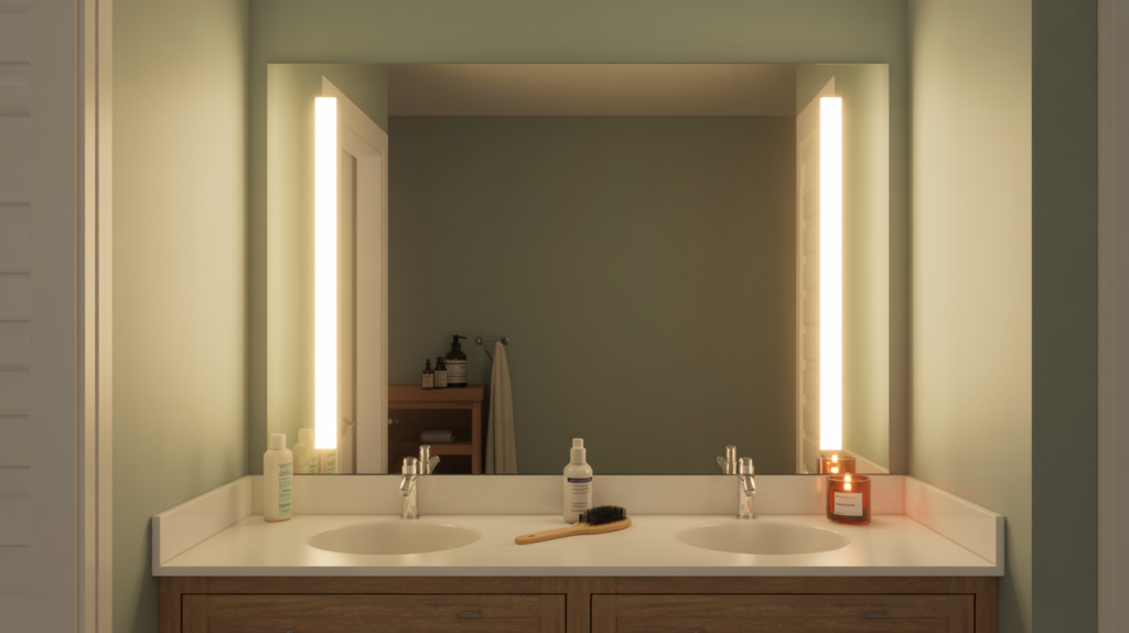 Bathroom vanity mirror with vertical side lighting panels above a double sink wooden vanity
