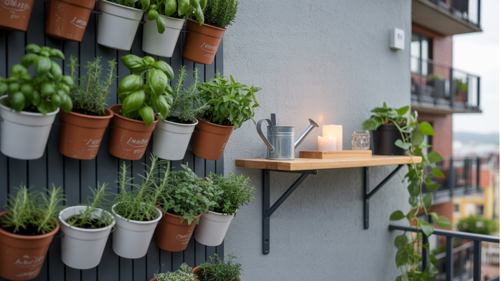 Vertical herb garden with wall-mounted planters and storage shelf on a small condo balcony
