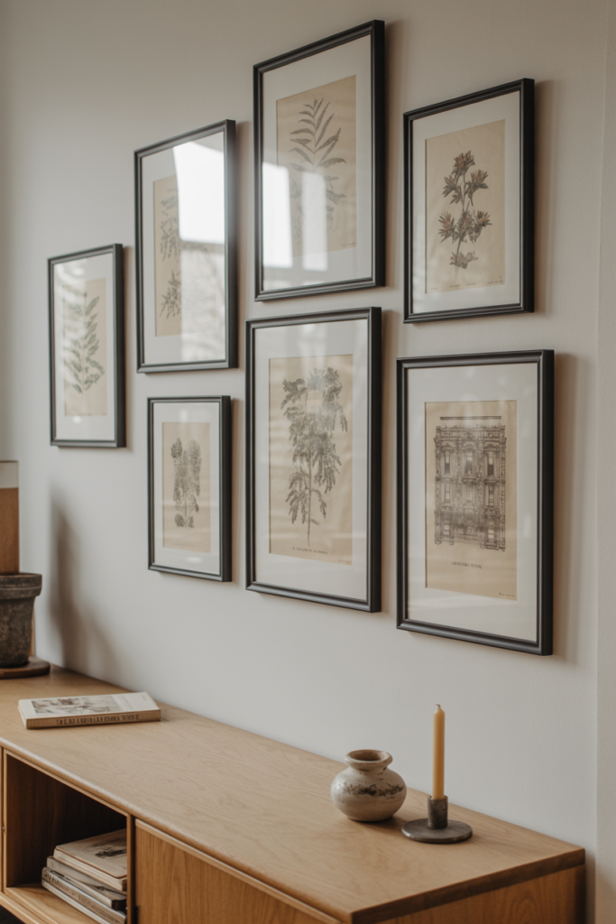 Gallery wall with vintage botanical prints in modern black frames above a natural oak credenza in a vintage-modern living room
