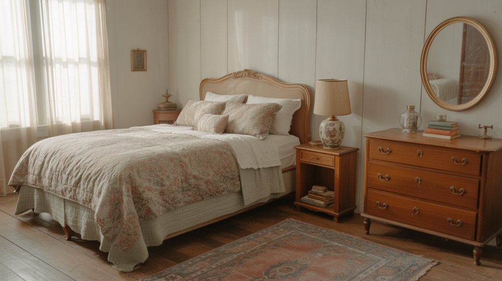 Vintage bedroom with ornate wooden headboard and antique decor on a budget