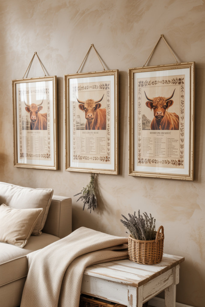 Vintage botanical highland cow prints in antique gold frames on a gallery wall in a farmhouse-style living room