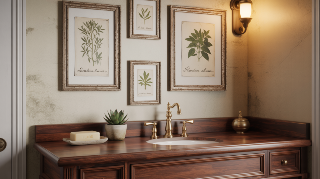 Four vintage botanical illustration prints in ornate gold frames arranged as a gallery wall in a bathroom with antique brass fixtures