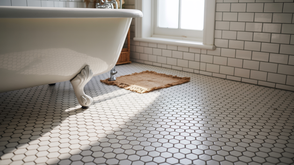 White hex floor tiles with grey grout in a rustic farmhouse bathroom