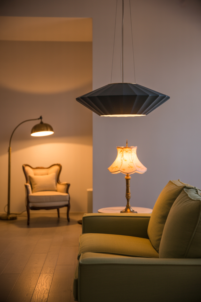 Layered vintage and modern lighting in a living room with geometric pendant light, brass arc floor lamp, and fabric table lamp