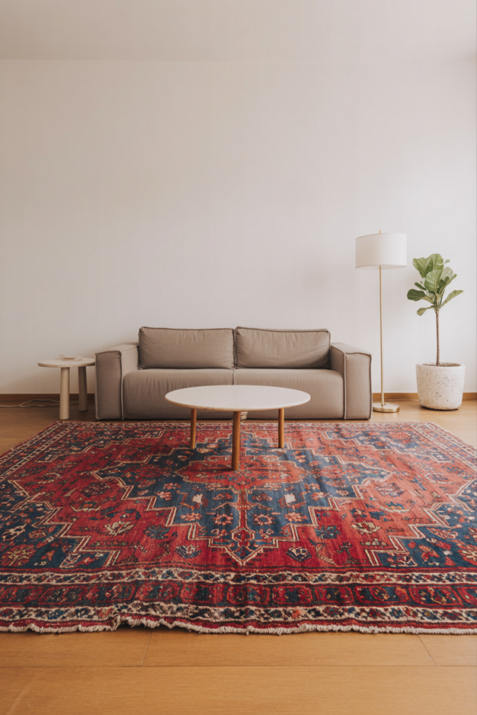 Worn vintage Persian rug grounding a modern living room with contemporary grey sofa, white coffee table, and minimalist floor lam