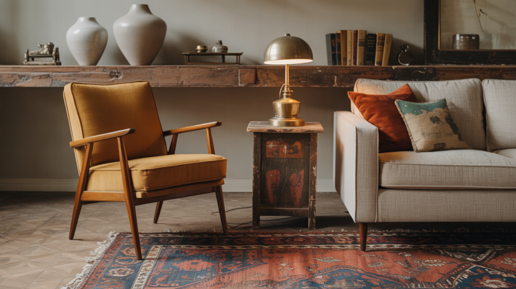Living room styled with vintage mid-century armchair Persian rug and secondhand furniture mixed with new pieces for 2026 decor trend