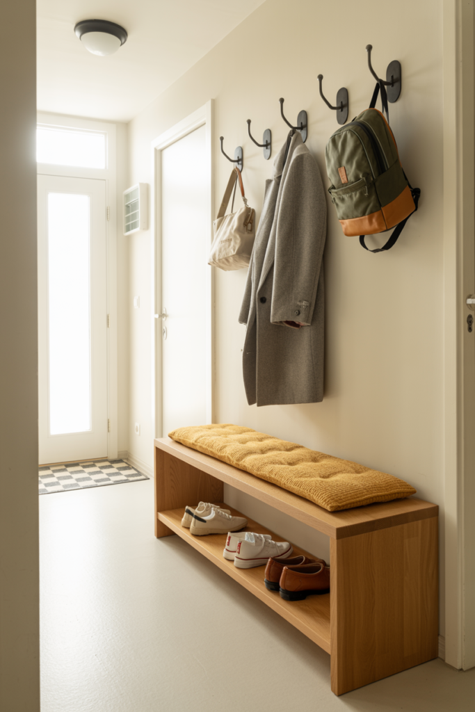 Wall-mounted floating bench with boucle cushion, lower shoe shelf, and hooks above in a narrow small entryway