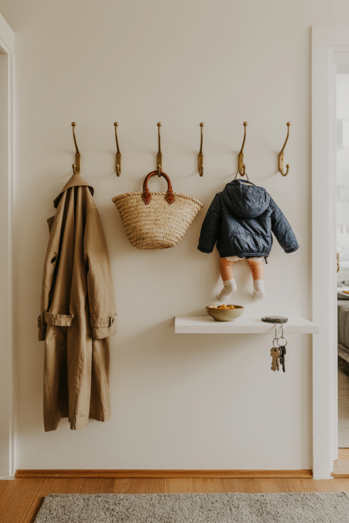 Row of five brass wall-mounted hooks in a small entryway holding coats and bags keeping the floor completely clear