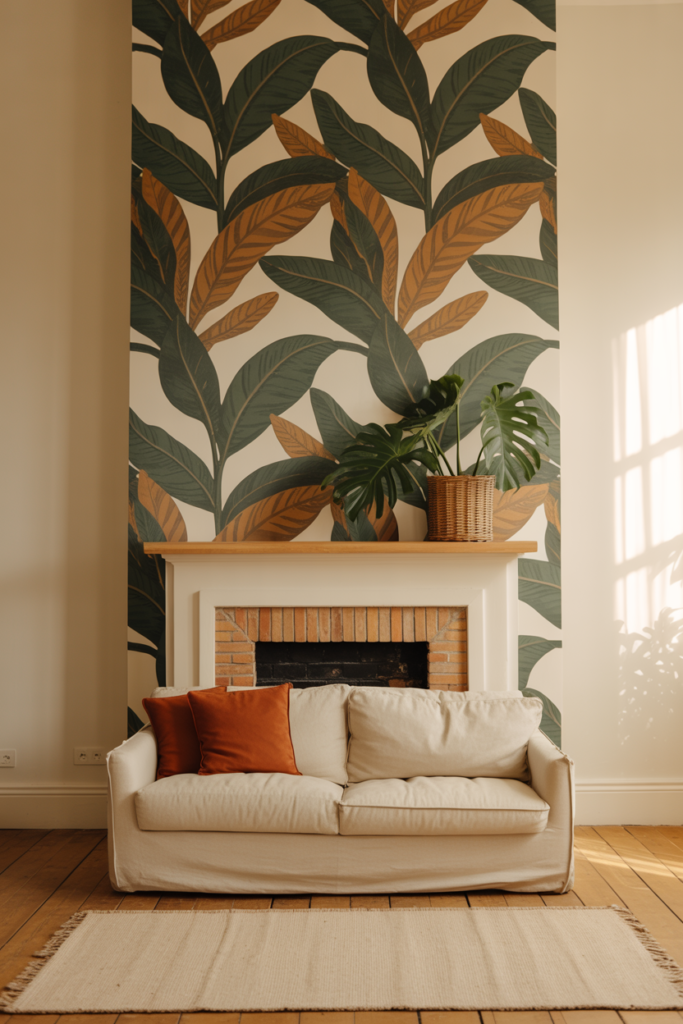 Bold botanical wallpaper on chimney breast in a modern living room with plain white walls and oatmeal linen sofa