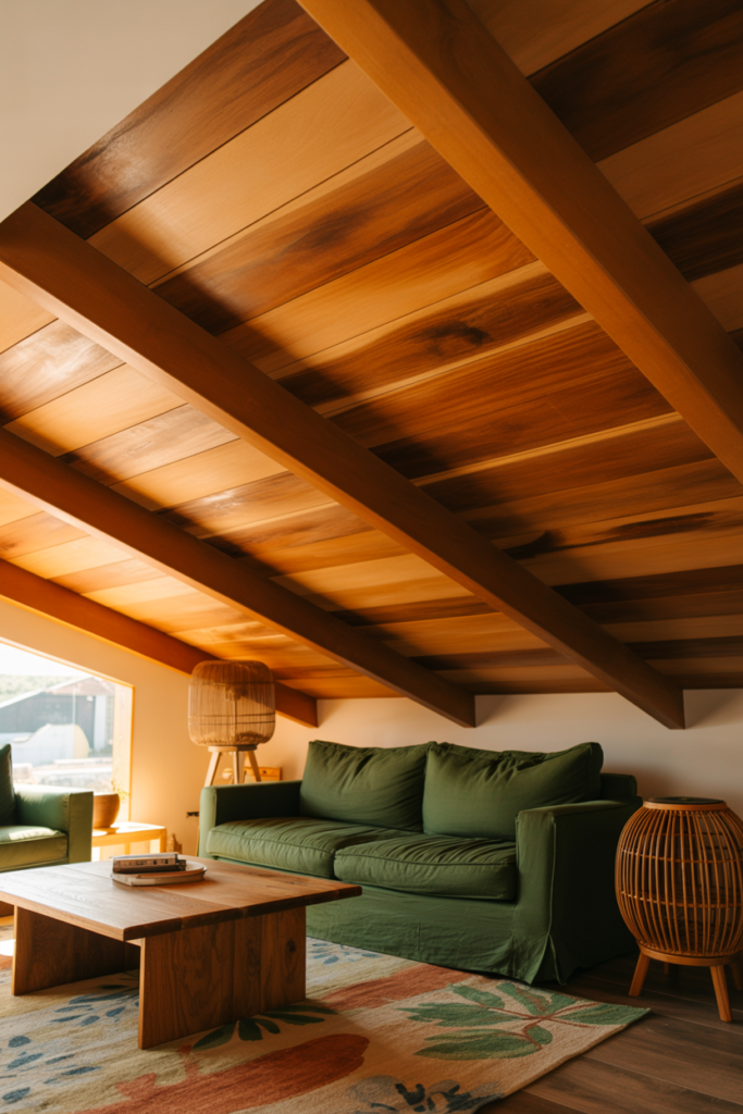 Exposed ceiling joists finished in rich walnut wood stain showing natural timber grain in a warm farmhouse living room
