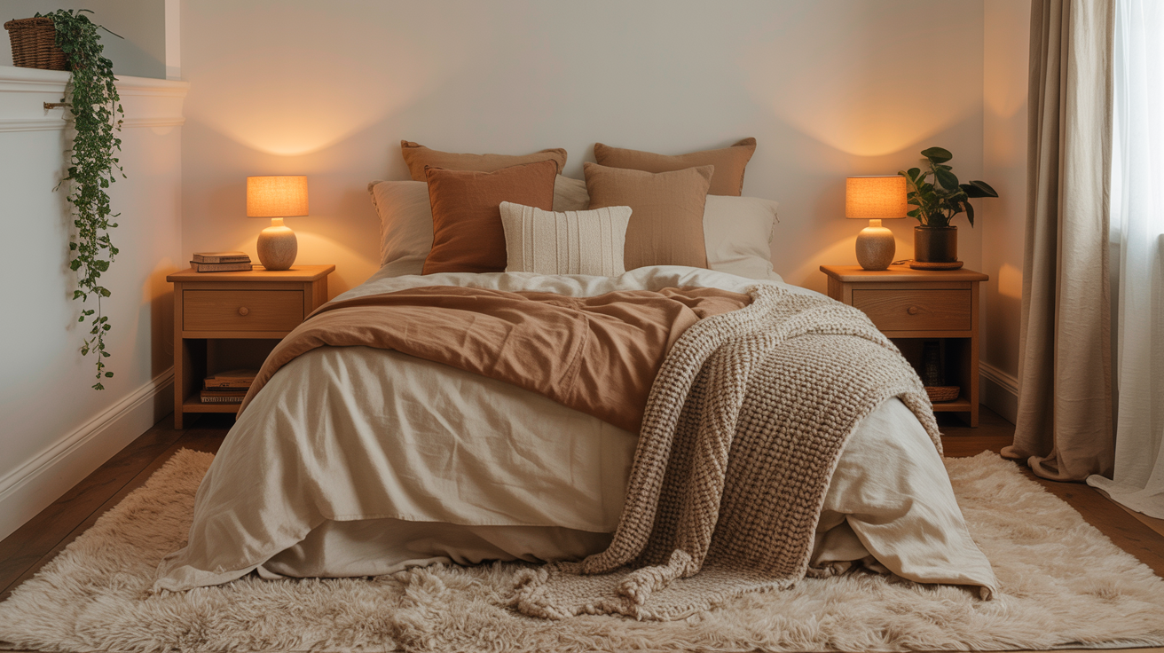 Warm bedroom with layered neutral bedding, oak nightstands, amber lamp glow, and linen curtains in a cozy interior