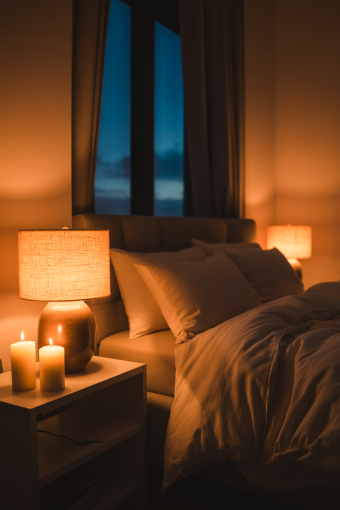 Warm bedroom evening lighting with bedside lamps, fairy lights, and candlelight creating a cozy ambient atmosphere