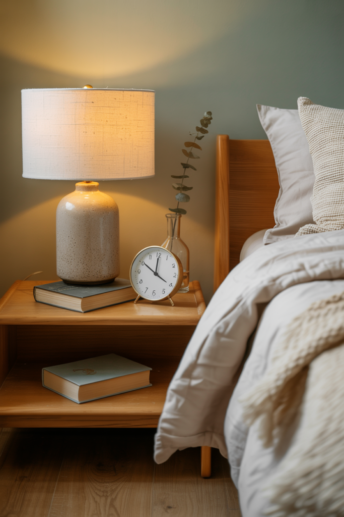 Two matching warm bedside table lamps on wooden nightstands on either side of a bed in a cozy bedroom