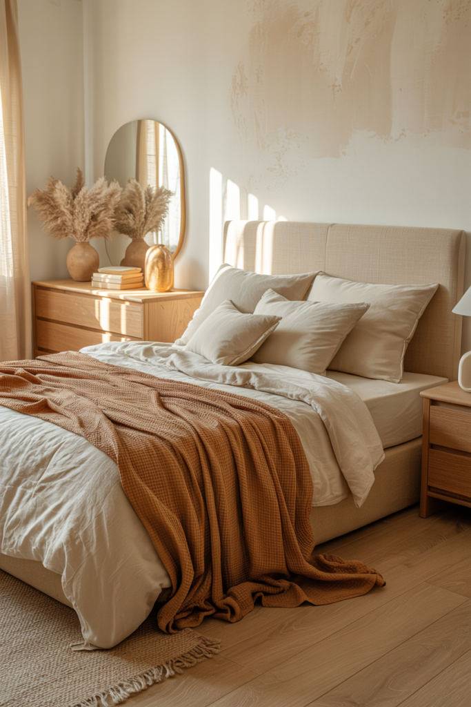 Warm neutral bedroom with cream and caramel tones, linen headboard, wooden dresser, and natural morning light