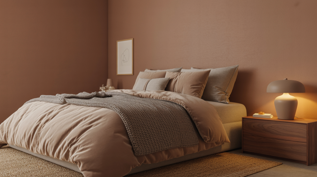 Warm taupe minimalist bedroom with chunky knit throw, jute rug, and dark walnut nightstand in warm lamp light