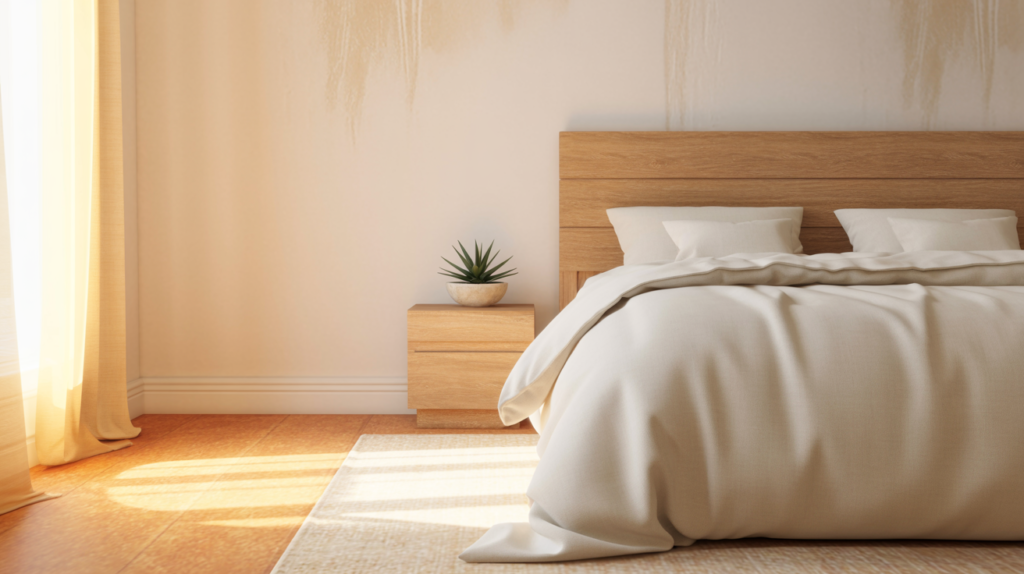 Warm white minimalist bedroom with ivory linen bedding, oak headboard, and natural morning light