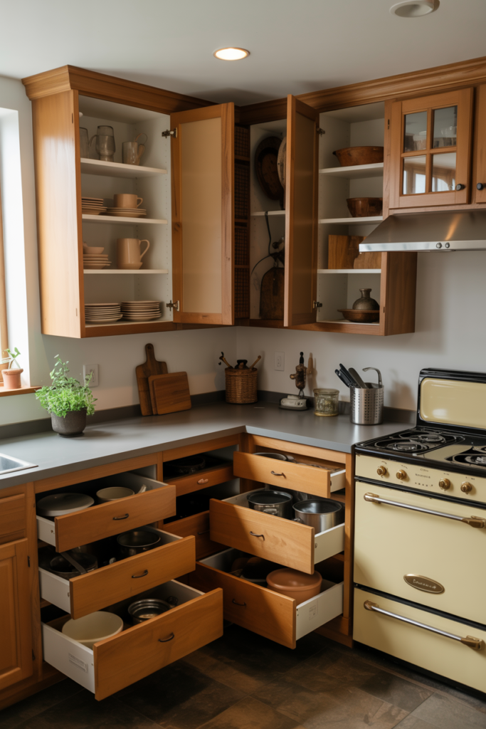 Well-planned rustic kitchen cabinet layout with ample storage, pull-out drawers, and efficient kitchen triangle design