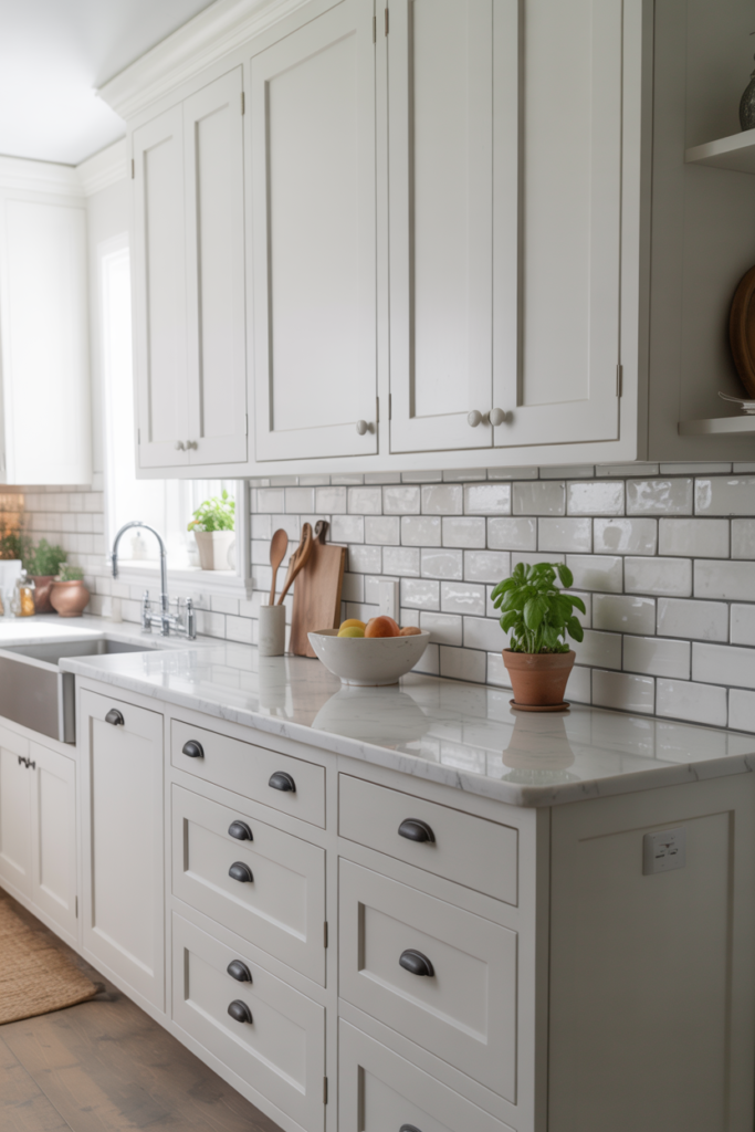 White shaker cabinets in a bright farmhouse kitchen with matte black hardware and subway tile backsplash