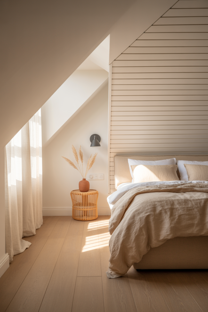 White horizontal shiplap knee wall in a Scandinavian attic bedroom with linen bed and rattan side table