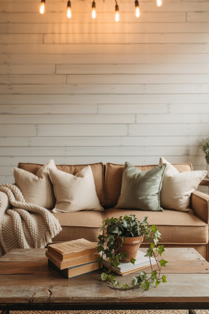 White painted shiplap wood cladding feature wall in farmhouse living room with linen sofa and warm lighting