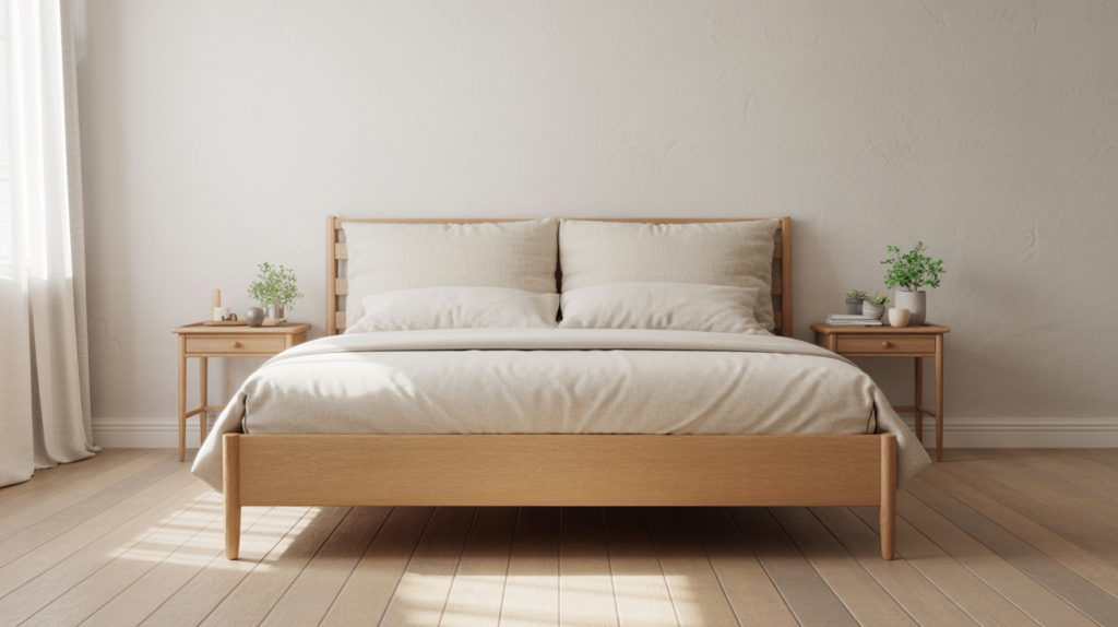 White bedroom walls paired with natural wood furniture for a clean and airy bedroom color combination