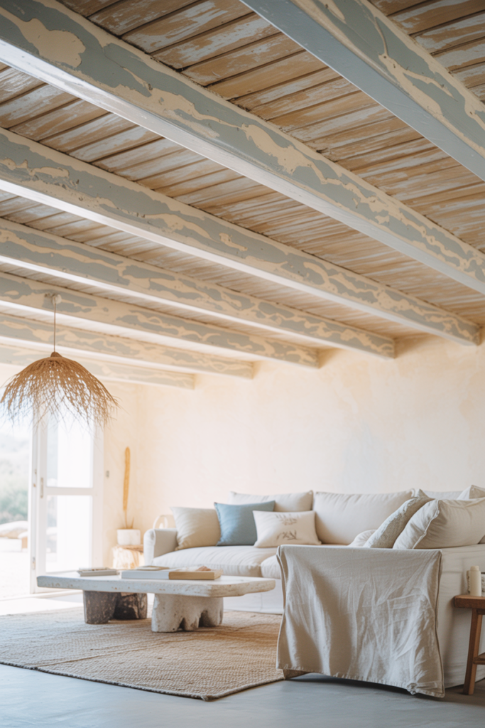 Exposed ceiling joists finished in soft translucent whitewash showing natural timber grain in a relaxed coastal living room
