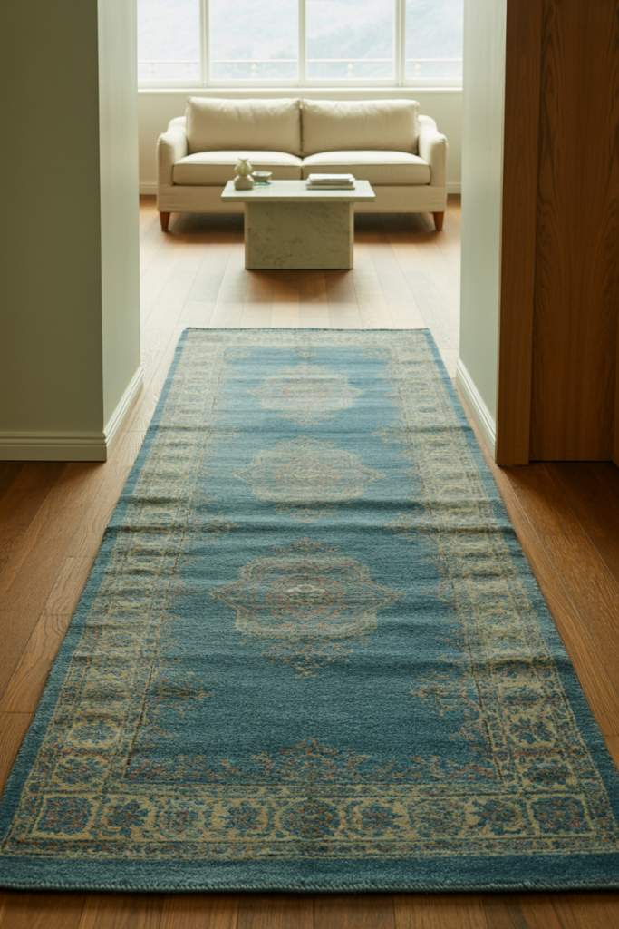 9x6 foot dusty blue vintage rug placed across the full width of a narrow living room to visually widen the space