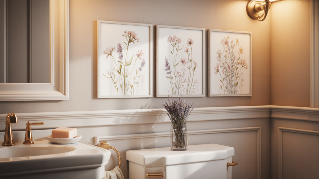 Three watercolor wildflower botanical prints in white frames above toilet in a romantic bathroom with brushed gold fixtures