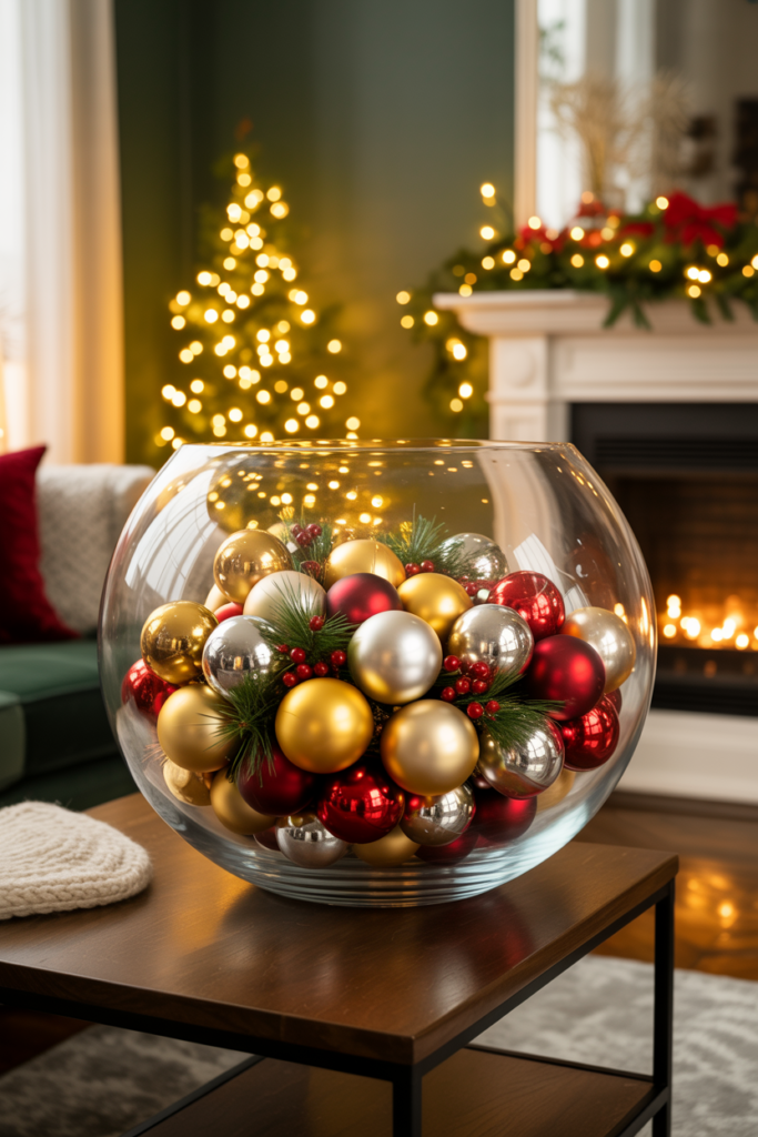 Large clear glass bowl filled with gold silver and red Christmas baubles and pine sprigs as a festive winter living room centerpiece