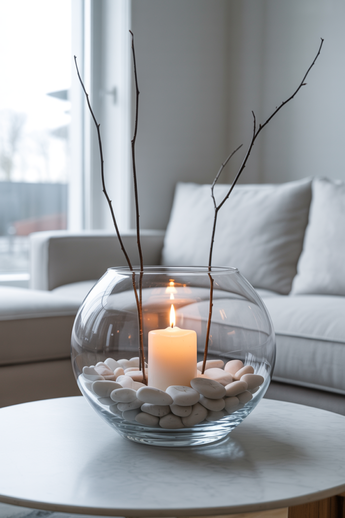 Clear glass bowl with white stones bare twig branches and a lit white pillar candle as a minimalist winter living room centerpiece