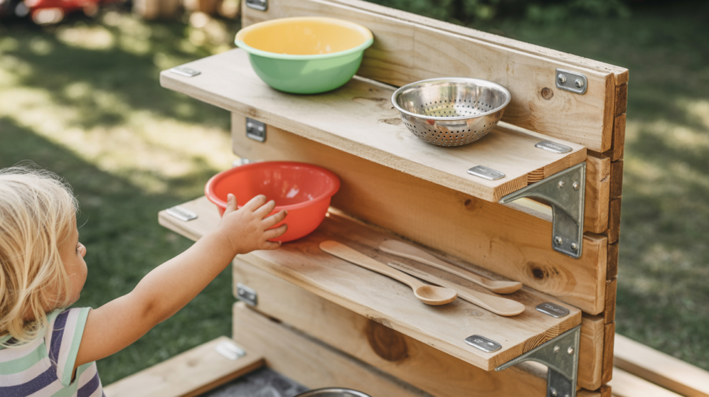 Handmade wooden shelves on a pallet mud kitchen holding pots and bowls outdoors