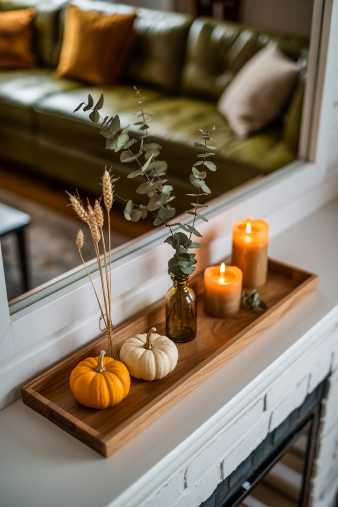 Long wooden tray with autumn seasonal decor including mini pumpkins, dried stems, and pillar candles on a half wall ledge