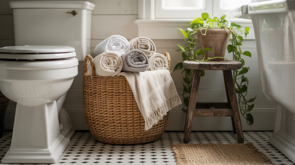 Woven seagrass basket and linen towels as natural accents in a farmhouse bathroom