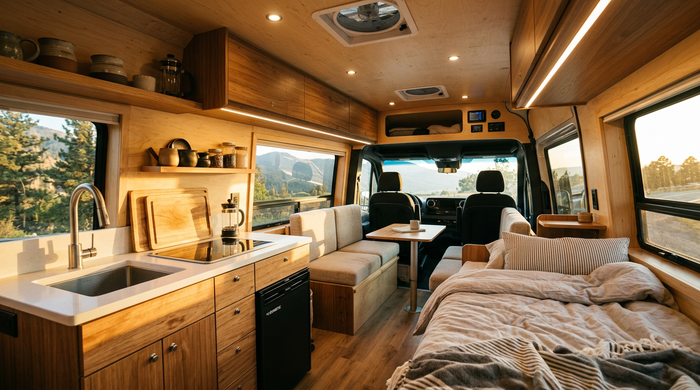 Professional interior view of a fully customized Sprinter camper van showing kitchen, dining, and bedroom areas with modern amenities and efficient storage solutions