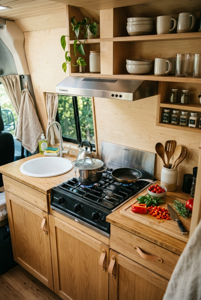 Compact galley-style kitchen in a Sprinter camper van with two-burner stove, sink, open shelving, and organized storage for cooking supplies and ingredients